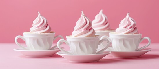 Leinwandbilder - White cup with scattered white twisted meringues on a pink background greeting card copyspace Simple background