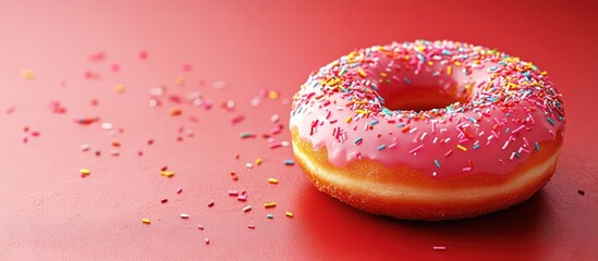 Aufkleber - Close up of a pink glazed doughnut topped with rainbow sprinkles placed on a red table with room for text on the left. with copy space image. Place for adding text or design