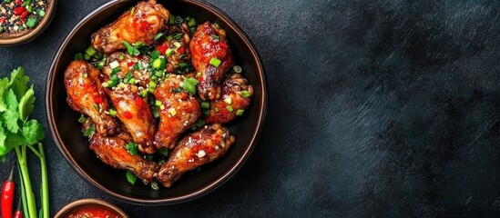 Aufkleber - Chinese cuisine featuring steamed chicken wings with scallions and red pepper sauce. with copy space image. Place for adding text or design