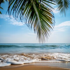 The coconut tree leaves with background with sea waves on the beach for mockup background. Tropical sea beach template and palm leaf on seaside