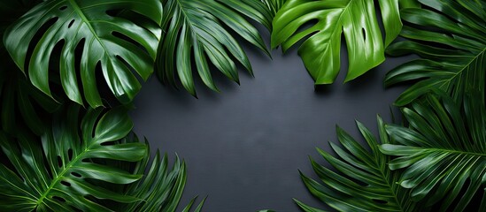 Poster - Creative simple background featuring tropical leaves Tropical palm leaves against a gray black backdrop Flat lay top view copyspace Summer backdrop nature Leaf design Square format