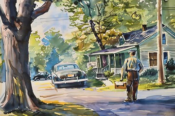 Sticker - Watercolor Painting of a Man Walking Down a Street with a Car in the Background.