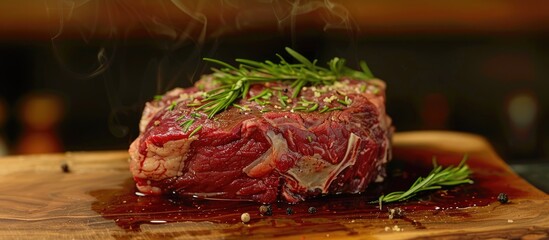 Aufkleber - Raw beef on the bone steak seasoned with spices barbecue marinade red sauce Traditional cuisine uncooked meat on a board. with copy space image. Place for adding text or design