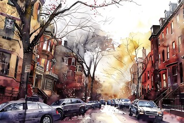 Canvas Print - Watercolor Painting of a City Street with Cars and Buildings.