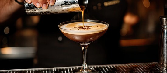 Wall Mural - barman pouring an espresso martini cocktail into a glass at the counter closeup copyspace available