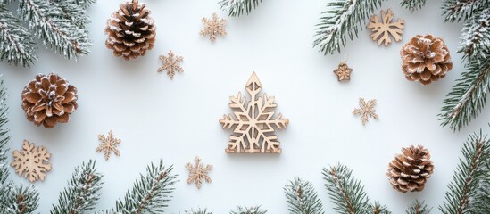 Leinwandbilder - Christmas backdrop featuring a wooden tree decoration snowflakes and pine cones on a white surface Flat lay top view Concept of holiday creativity. with copy space image