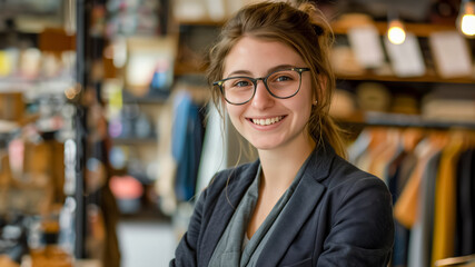 Confident young saleswoman in trendy store, smiling and helping customers. Modern interior and stylish fashion display. Successful millennial entrepreneur