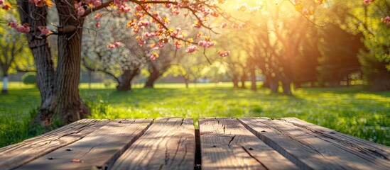 wooden table in front of a landscape featuring spring blossom trees Product display and presentation. with copy space image. Place for adding text or design