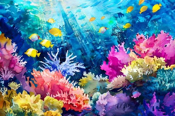 Wall Mural - Watercolor Painting of Colorful Underwater Coral Reef with Fish.