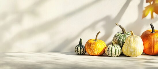 Poster - Close up of pumpkins and gourds on a light background copyspace for text selective focus