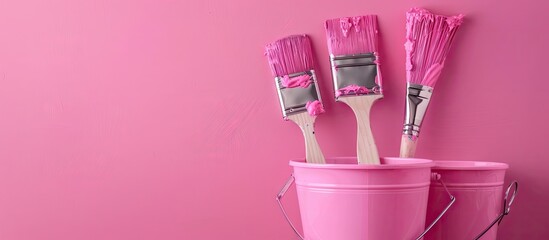 Wall Mural - Paintbrush resting on a pink background alongside a paint bucket Minimalistic concept idea. with copy space image. Place for adding text or design