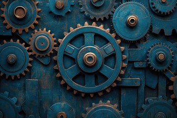 Aufkleber - Rusty blue metallic industrial gears forming a copy space background