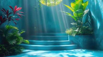 Serene tropical stairway illuminated by sunlight filtering through foliage in a vibrant, lush environment