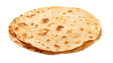 Freshly baked tortilla light golden brown spots isolated on transparent background