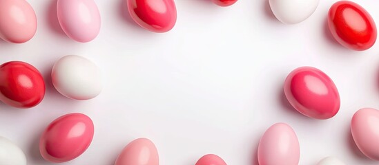 Poster - Red and pink shaded Easter eggs on a white background. with copy space image. Place for adding text or design