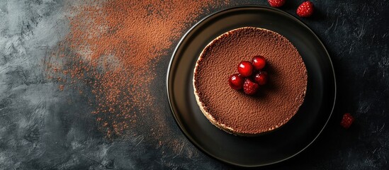 Poster - Top view of a cheesecake covered in cocoa powder and topped with f. with copy space image. Place for adding text or design