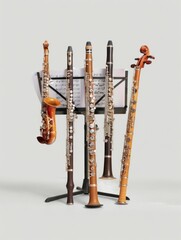 Canvas Print - Five Woodwind Instruments on a Stand with Music Sheets.