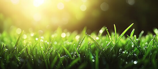 Poster - Fresh green grass with sunlight and water droplets in the background. with copy space image. Place for adding text or design