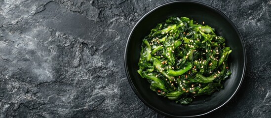 Poster - Seaweed salad served on a black stone plate Chinese cuisine Top view Free copyspace