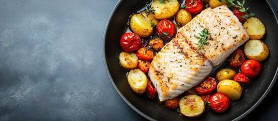 Poster - Skillet roasted haddock fish fillet with tomatoes and potatoes Gray background Top view Copy space