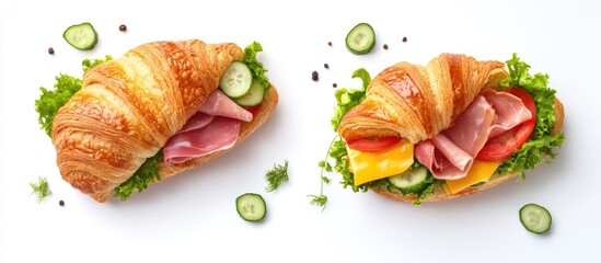 Aufkleber - Delicious croissant sandwich featuring fresh ham cheese tomato cucumber and lettuce alongside a sub sandwich with fresh salad ham and cheese on a white background Top view with copyspace Flat lay