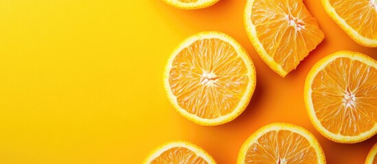 Fototapete - Fresh orange slices on a colorful background Top view Copy space Creative summer concept Half of a citrus fruit in a minimal flat lay with copy space