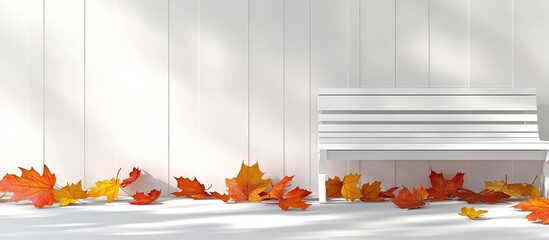 Aufkleber - Fallen autumn leaves rest on a white bench Autumn theme. with copy space image. Place for adding text or design