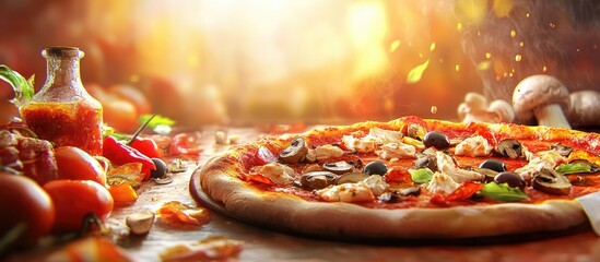 Poster - pizza mushrooms olives chicken tomato sauce cheese pizza toppings hot pizza food backdrop copyspace