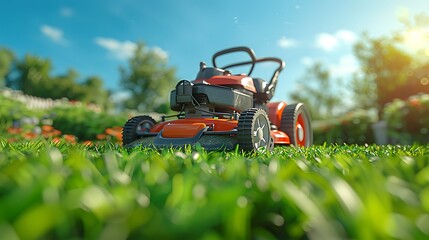 A lawnmower in action on a sloped backyard, vibrant green grass, clear blue sky, sunny day, detailed and realistic, hd quality, soft focus, natural colors, dynamic and engaging. --ar 16:9 --v 6.