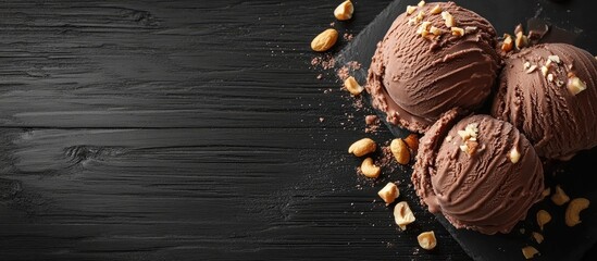 Poster - Chocolate ice cream with nuts on a black wooden surface Copy space