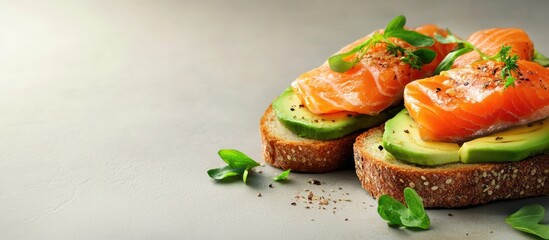 Poster - toast with avocado and fresh salmon. with copy space image. Place for adding text or design