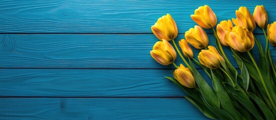 Poster - Yellow tulips on a rustic blue wooden table with copy space