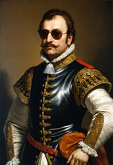 Wall Mural - Renaissance-style painting portrait of a count in royal attire wearing sunglasses, Generative AI