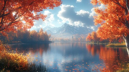 Wall Mural - Serene nature scene with a calm lake surrounded by autumn foliage, tranquil and picturesque