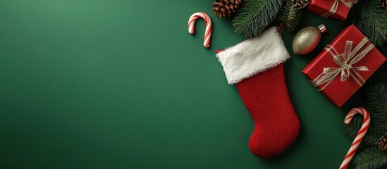 Aufkleber - Christmas stocking alongside a small gift box and candy canes on a green background Flatlay arrangement of holiday decorations. with copy space image. Place for adding text or design
