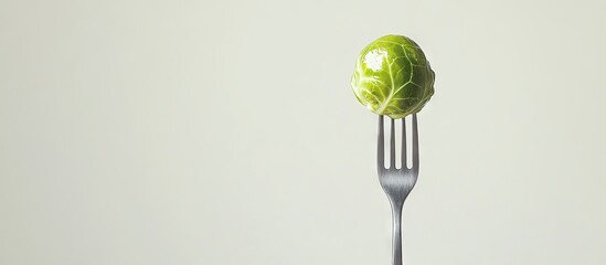 Poster - Fresh brussels sprout on a fork placed against a white background. with copy space image. Place for adding text or design