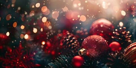 Wall Mural - Dark background with Christmas balls and golden bokeh. Festive banner for Christmas and New Year holidays