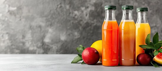 Leinwandbilder - Plastic bottles of cold pressed unprocessed fruit and vegetable juices on a light gray table Body cleansing fasting concept Minimalist food photography Copyspace