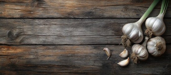 Fototapete - garlic bulbs on weathered wood. with copy space image. Place for adding text or design