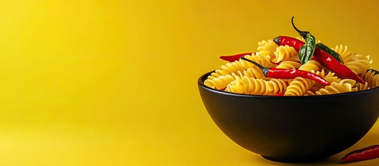 Colorful fusilli pasta dried Italian style with red chili peppers in a black bowl ingredients for preparing vegetarian dishes on a yellow background copyspace