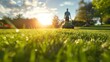 © LuvTK - A picturesque scene of a professional landscaper mowing a large lawn with a commercial mower, uniform and equipment visible, lush green grass, sunny sky, detailed and realistic, hd quality,