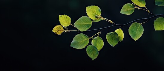 Aufkleber - Birch leaves on a branch against a dark black background with copy space