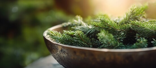 Poster - Close up image of a metal bowl filled with freshly gathered tips of a coniferous tree in spring. with copy space image. Place for adding text or design