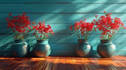 Wall Mural - Vibrant red flowers in blue pots arranged against a wooden wall with sunlight casting shadows in a serene indoor setting