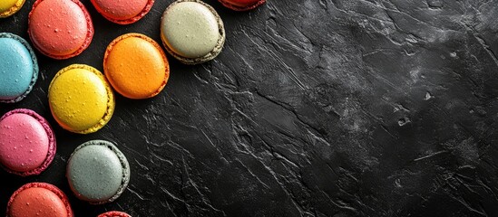 Leinwandbilder - Colorful macaroons on a textured black background Text Copy Space