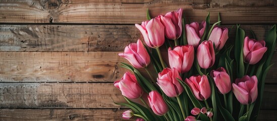 lovely tulips on a pink wooden surface. with copy space image. Place for adding text or design