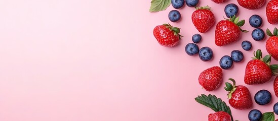 Poster - Strawberries and blueberries on a pink background top view. with copy space image. Place for adding text or design