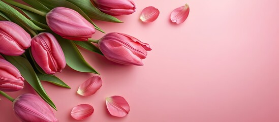 Poster - Pink tulip with petals set against a pink background Flat lay top view Valentine s romantic love Easter spring concept. with copy space image. Place for adding text or design