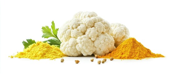 Poster - Cauliflower with turmeric and rice against a white background. with copy space image. Place for adding text or design