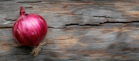 Aufkleber - Close up of a Crimean sweet onion on an aged wooden surface Flat lay Top view Copyspace Selective focus
